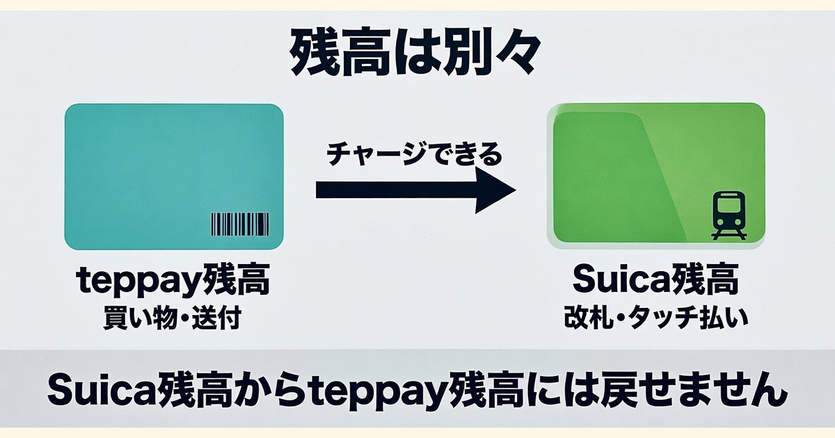 teppayとSuicaは残高が別。teppayからSuicaへチャージできるが、Suicaからteppayへ戻すことはできない